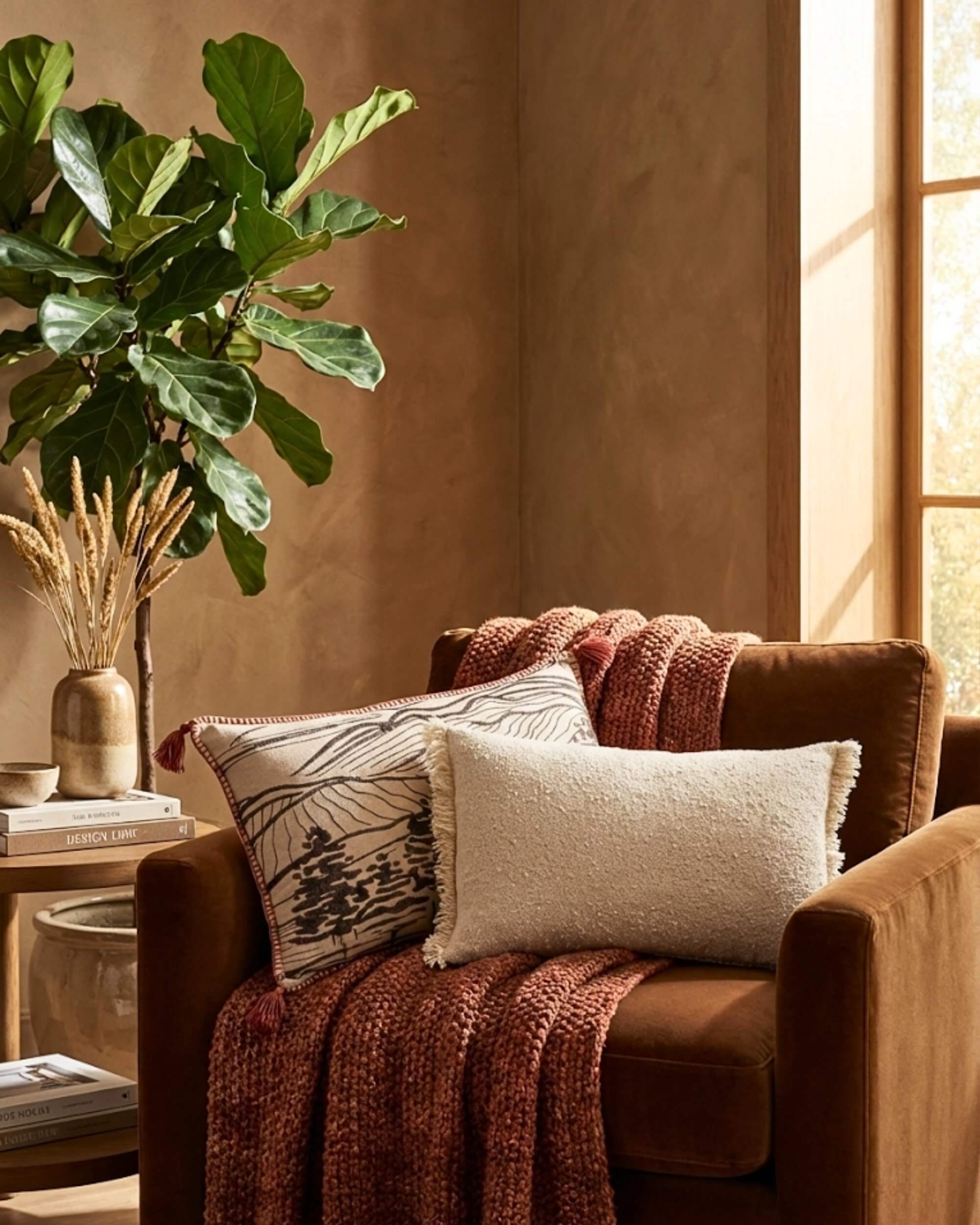 Idée décoration salon : superposition du petit coussin bouclette écru Nuage et du grand coussin brodé Vallée sienne pour une ambiance cocooning et automnale.