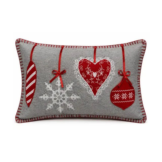 Housse de Coussin Noël Glimt Ornements Appliqués Cœur Flocon Boules Laine Gris Rouge 30×50 cm
