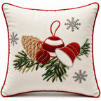 Housse de Coussin Noël Cloches Brodées Pommes de Pin Sapin Coton 45×45 cm