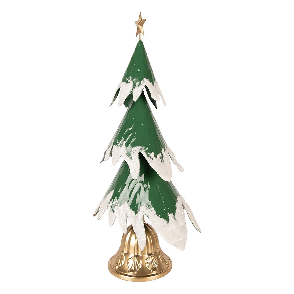 Décoration Noël Sapin Métal Vert Effet Neige Base Dorée 26×20×50 cm
