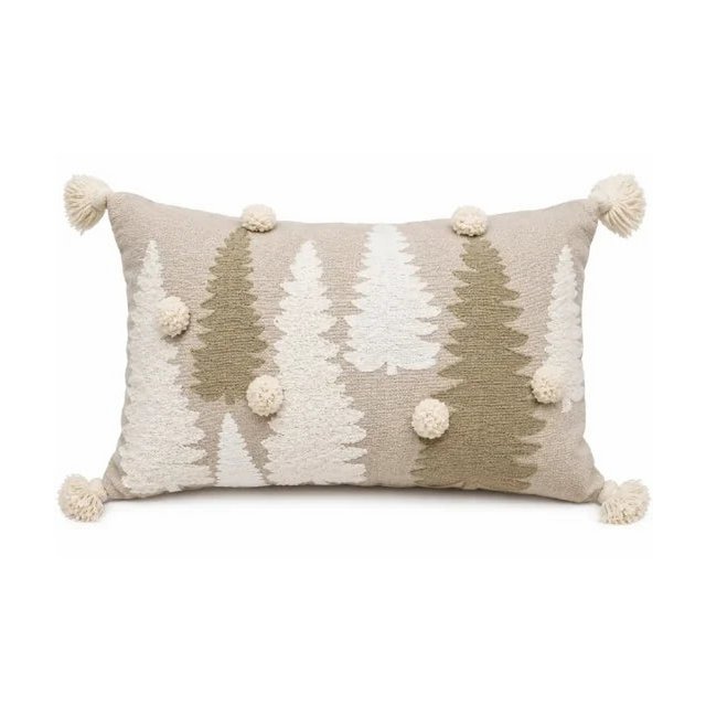 Housse de Coussin Noël Festive Forest Sapins Brodés Pompons Ivoire Beige Coton 30×50 cm