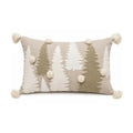 Housse de Coussin Noël Festive Forest Sapins Brodés Pompons Ivoire Beige Coton 30×50 cm