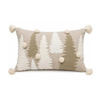 Housse de Coussin Noël Festive Forest Sapins Brodés Pompons Ivoire Beige Coton 30×50 cm