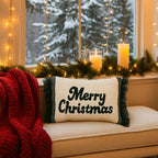 Housse de Coussin Noël Joyeux Noël Franges Vert Crème Laine Coton 35×50 cm