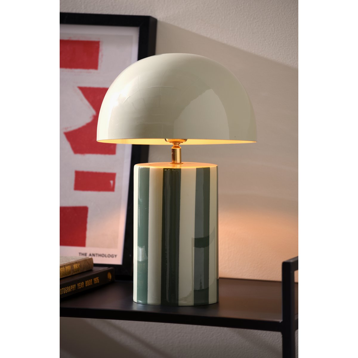 Lampe à Poser CHLOÉ Champignon Fer Rayé Vert Pied Chromé Ø25×34 cm