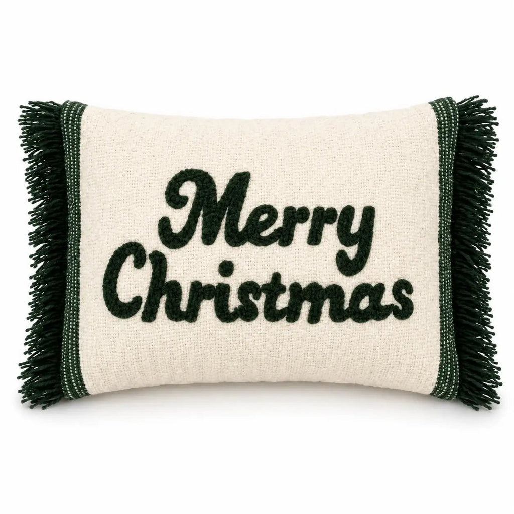 Housse de Coussin Noël Joyeux Noël Franges Vert Crème Laine Coton 35×50 cm