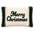 Housse de Coussin Noël Joyeux Noël Franges Vert Crème Laine Coton 35×50 cm