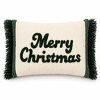 Housse de Coussin Noël Joyeux Noël Franges Vert Crème Laine Coton 35×50 cm