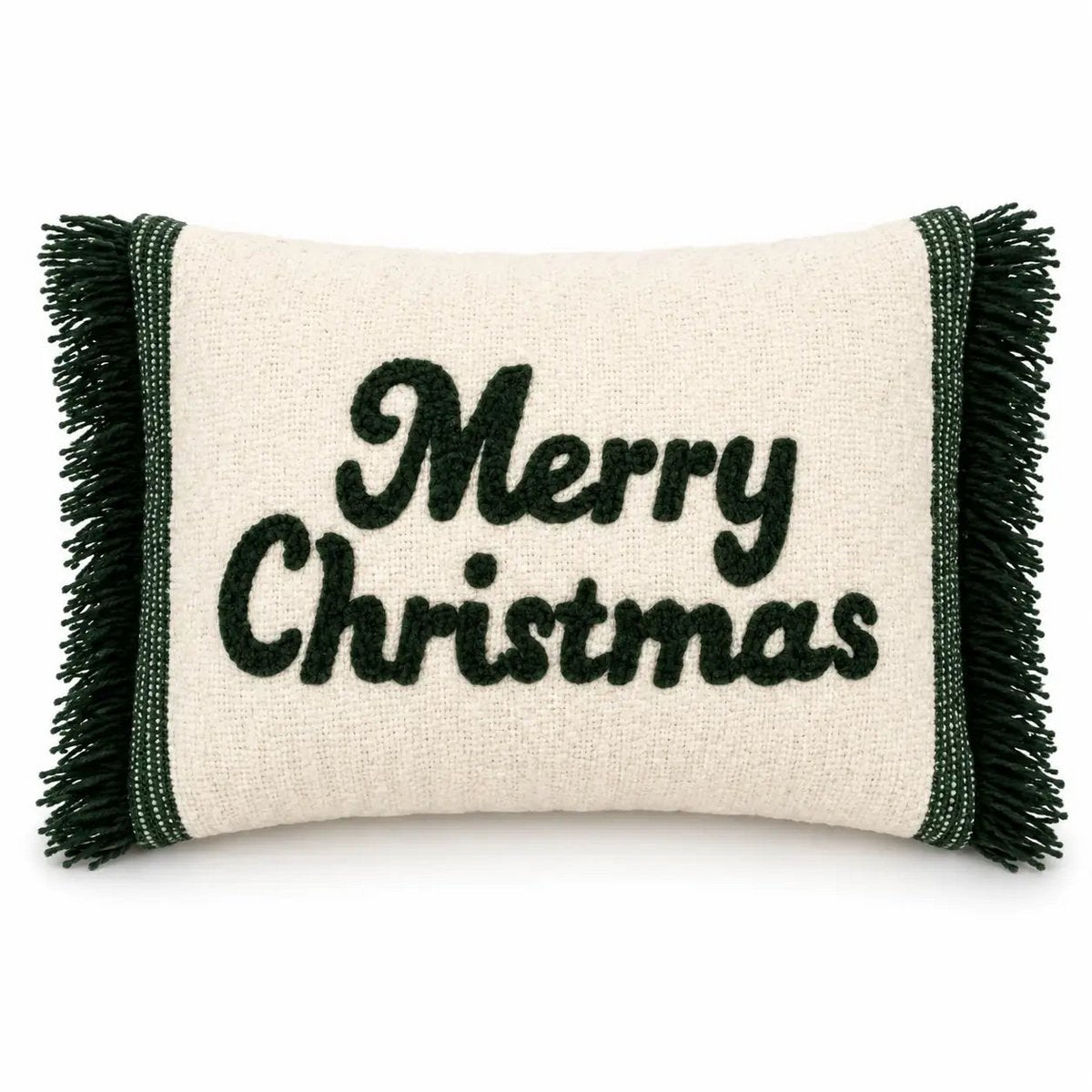 Housse de Coussin Noël Joyeux Noël Franges Vert Crème Laine Coton 35×50 cm