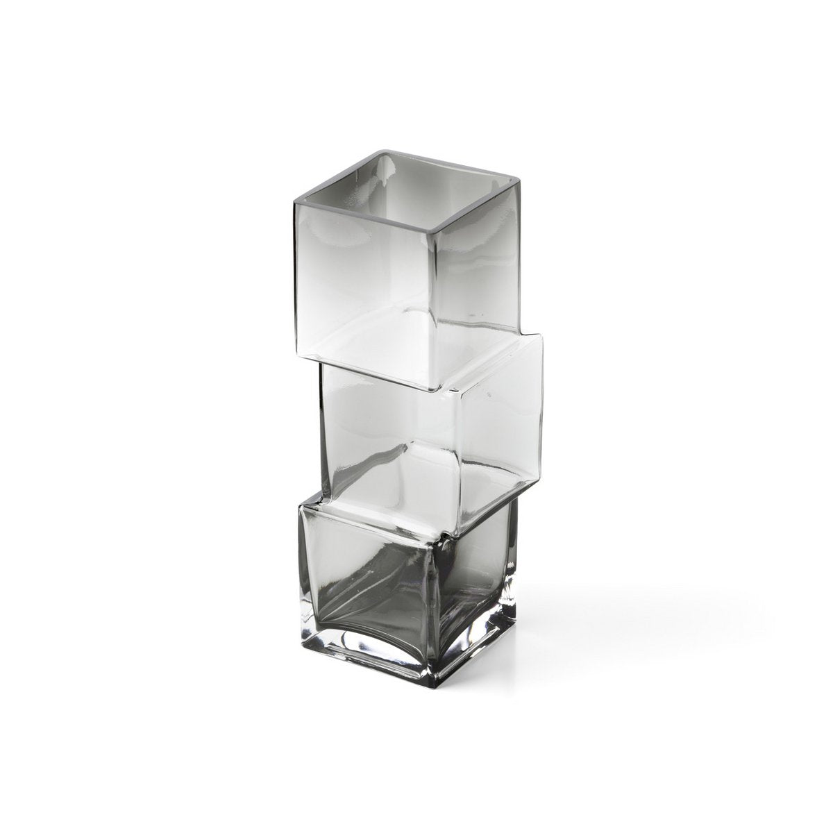 Profil du vase asymétrique en verre fumé mettant en valeur son architecture originale.