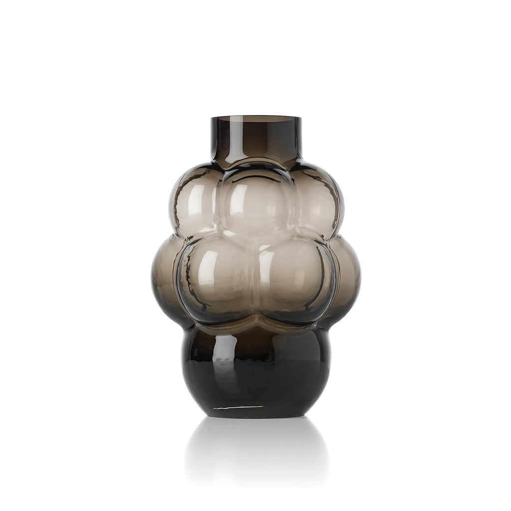 Grand vase décoratif en verre recyclé gris foncé, forme de grappe de raisin organique.