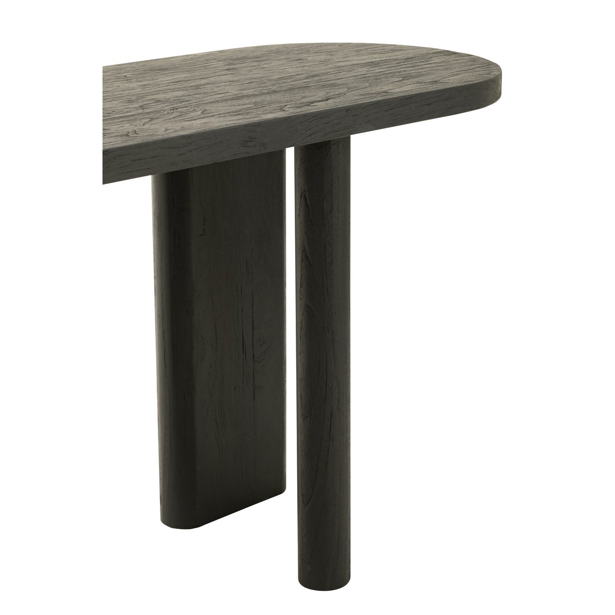 Détail pieds cylindriques ronds sous table console design organique.