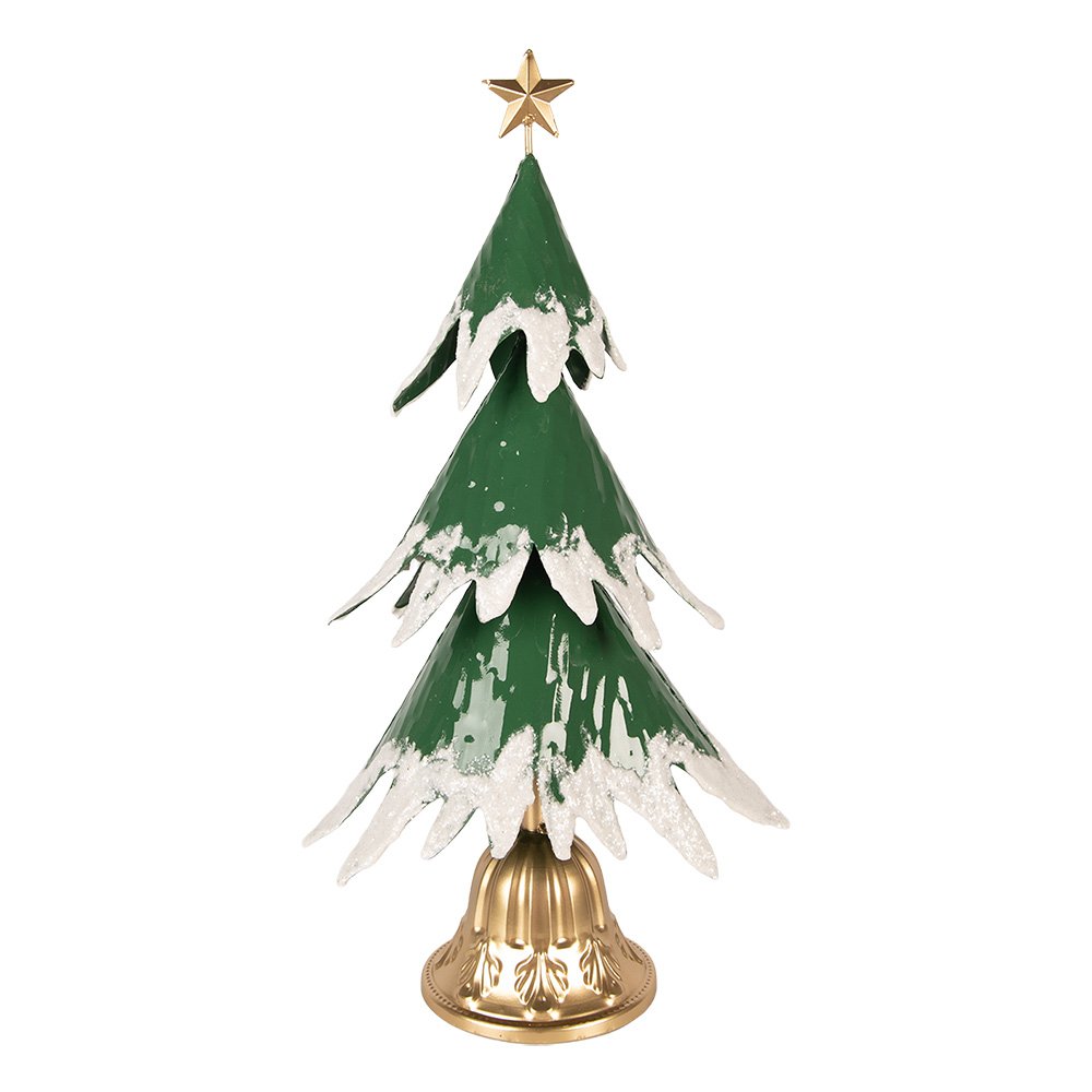Décoration Noël Sapin Métal Vert Effet Neige Base Dorée 26×20×50 cm
