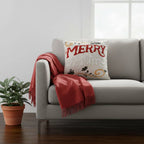 Housse de Coussin Noël Merry Christmas Brodé Houx Doré Coton Lin 45×45 cm