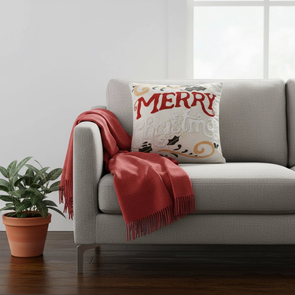 Housse de Coussin Noël Merry Christmas Brodé Houx Doré Coton Lin 45×45 cm