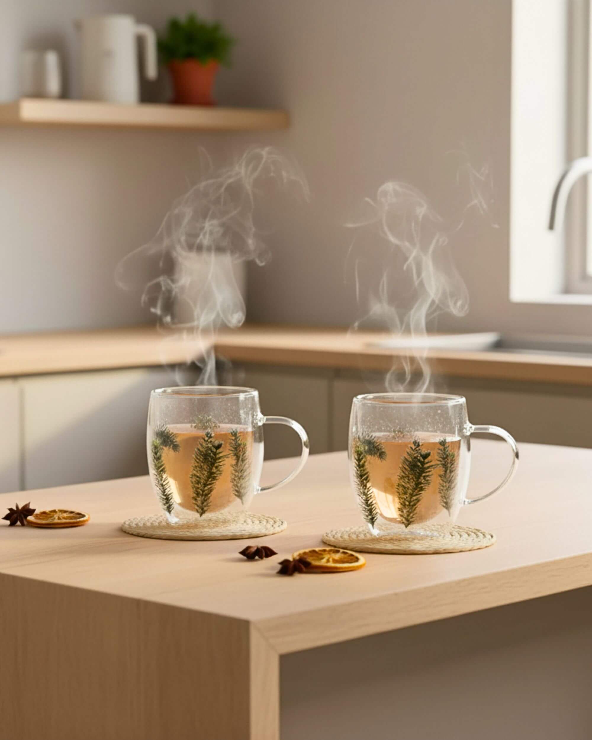 Deux mugs double paroi avec sapins, thé fumant sur un plan de travail de cuisine.
