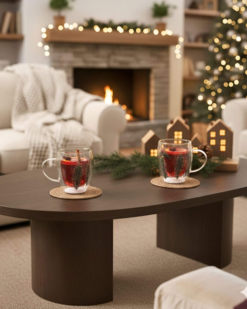 Deux mugs double paroi avec boisson rouge, posés sur une table basse devant une cheminée décorée.
