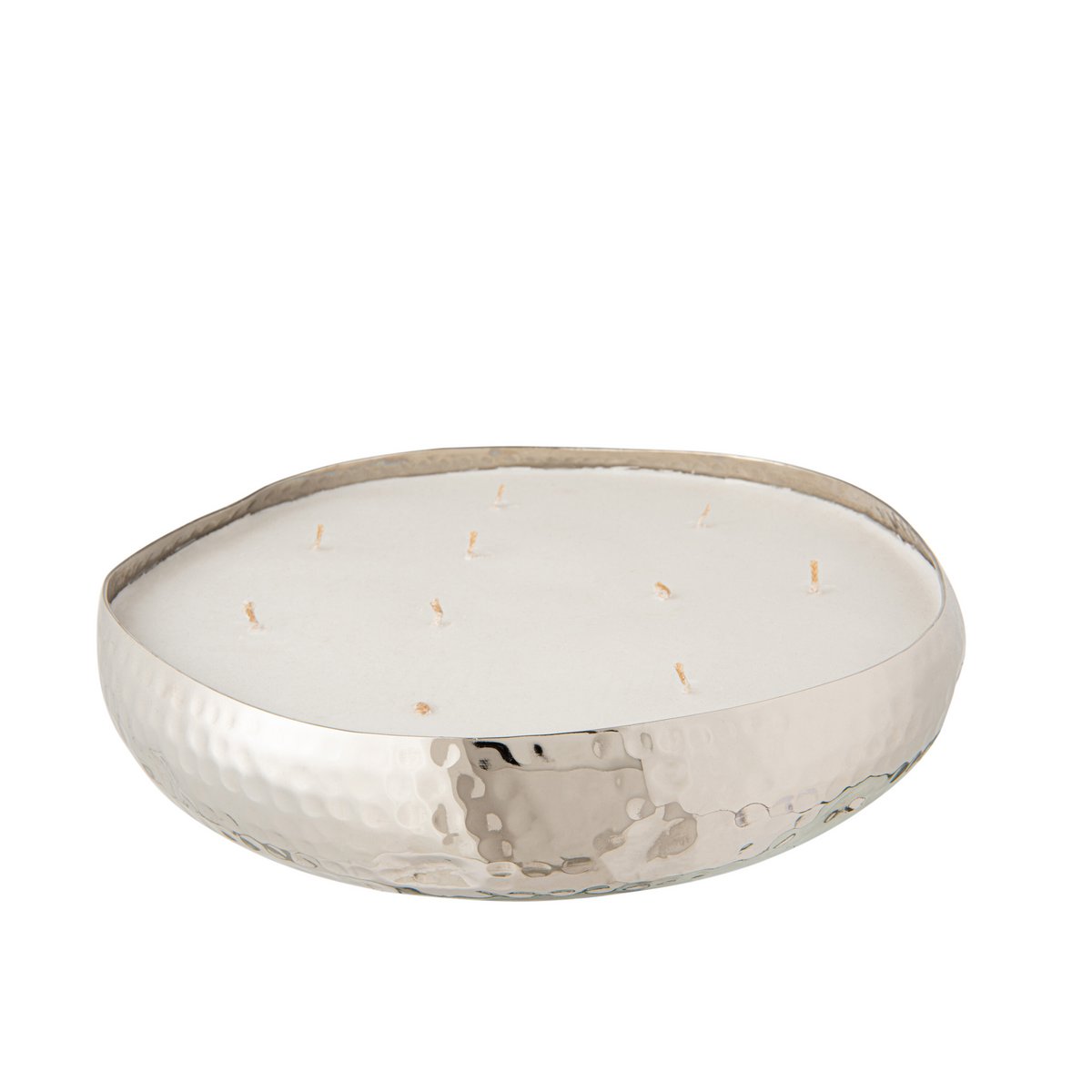 Grande bougie parfumée XXL 31cm en métal argenté martelé avec 9 mèches vue de face