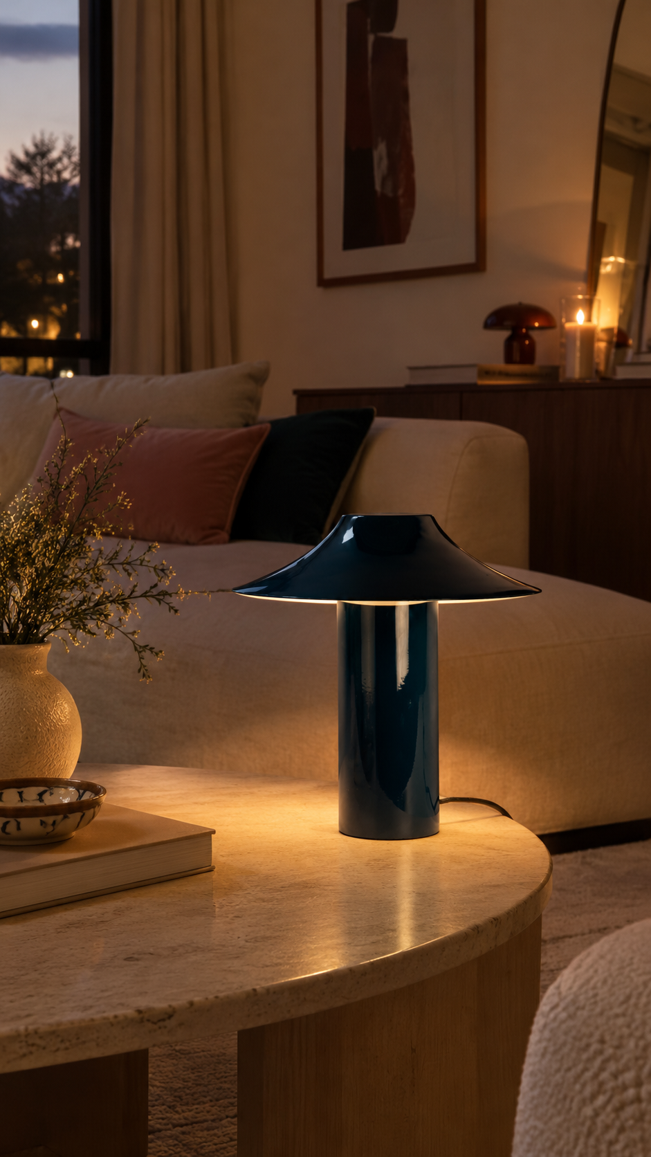 Lampe CATANIA Trapèze bleu foncé posée sur une table en bois dans un salon à l’ambiance tamisée.