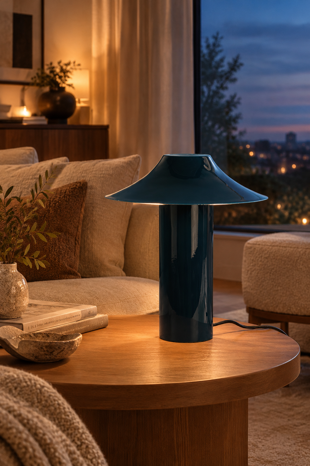 Lampe CATANIA Trapèze vert foncé posée sur une table ronde en bois dans un salon à l’ambiance tamisée.