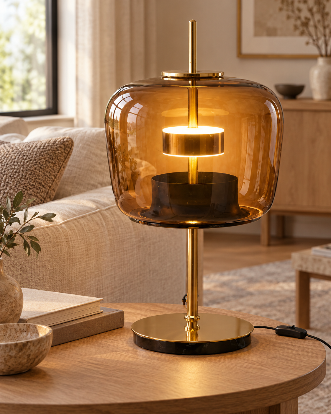 Lampe LARA en verre ambré et laiton doré posée sur une table en bois près d’un canapé clair.