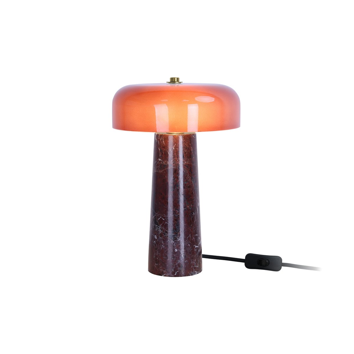 Lampe LAZIO Cône Grand allumée sur fond blanc, abat-jour lumineux aux tons orangés sur pied en marbre foncé.