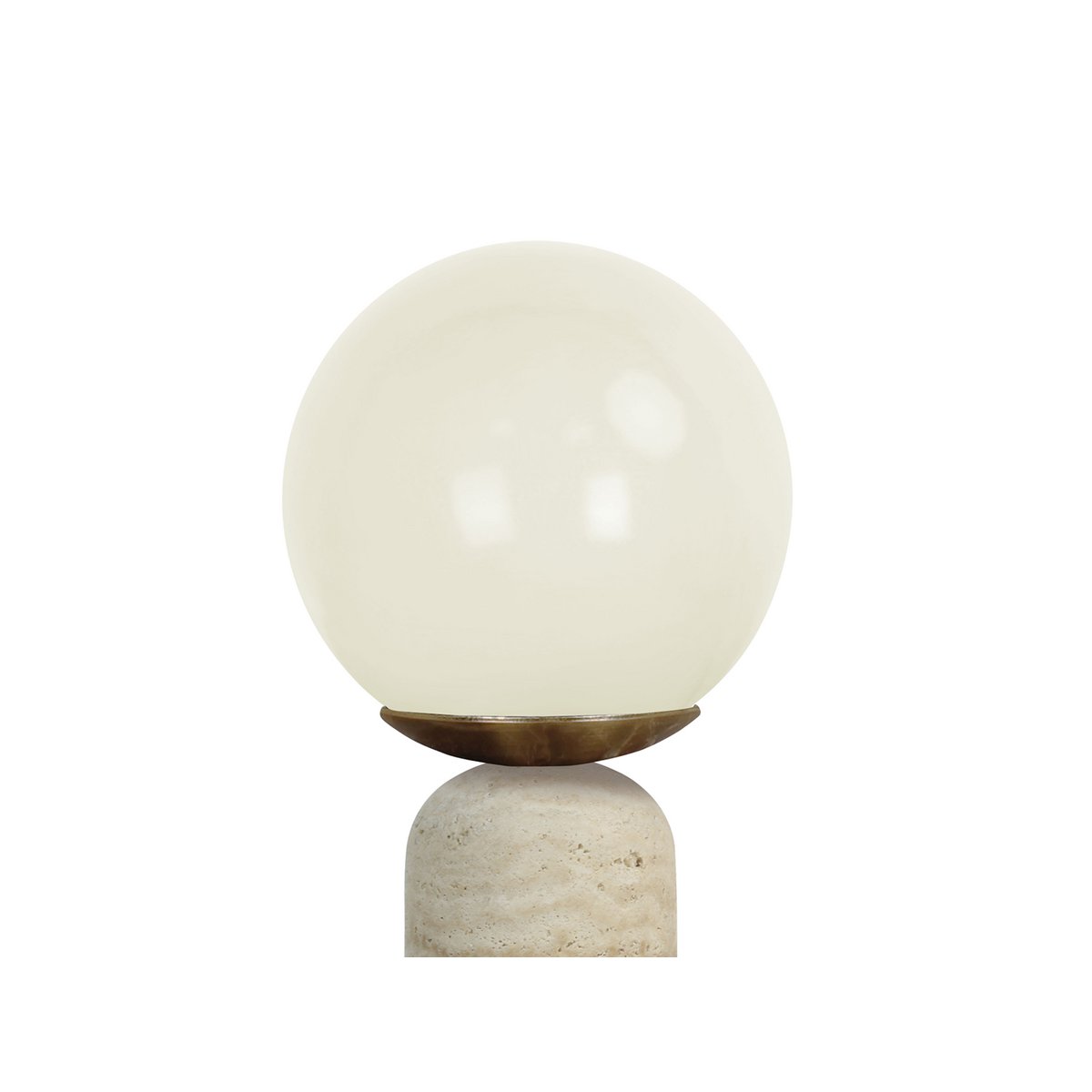 Gros plan du globe en verre crème de la lampe LAZIO Sphère et du haut de son socle en marbre clair.