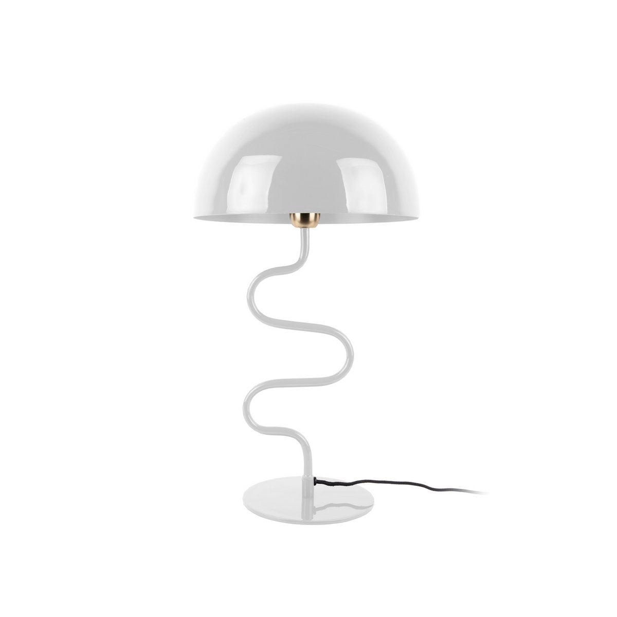 Lampe à poser design blanc brillant avec pied torsadé et abat-jour dôme style années 70.