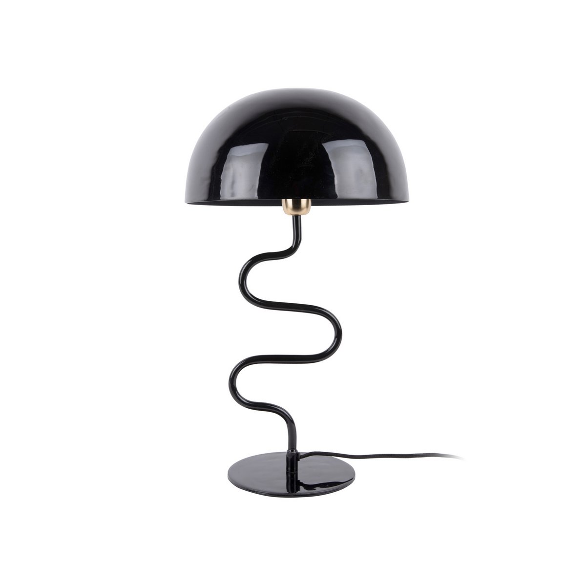 Lampe à poser design noir brillant avec pied torsadé et abat-jour dôme en métal.