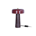 Lampe de table LAZIO Cône Grand éteinte, abat-jour en verre bordeaux et pied conique en marbre foncé veiné, hauteur 28 cm.