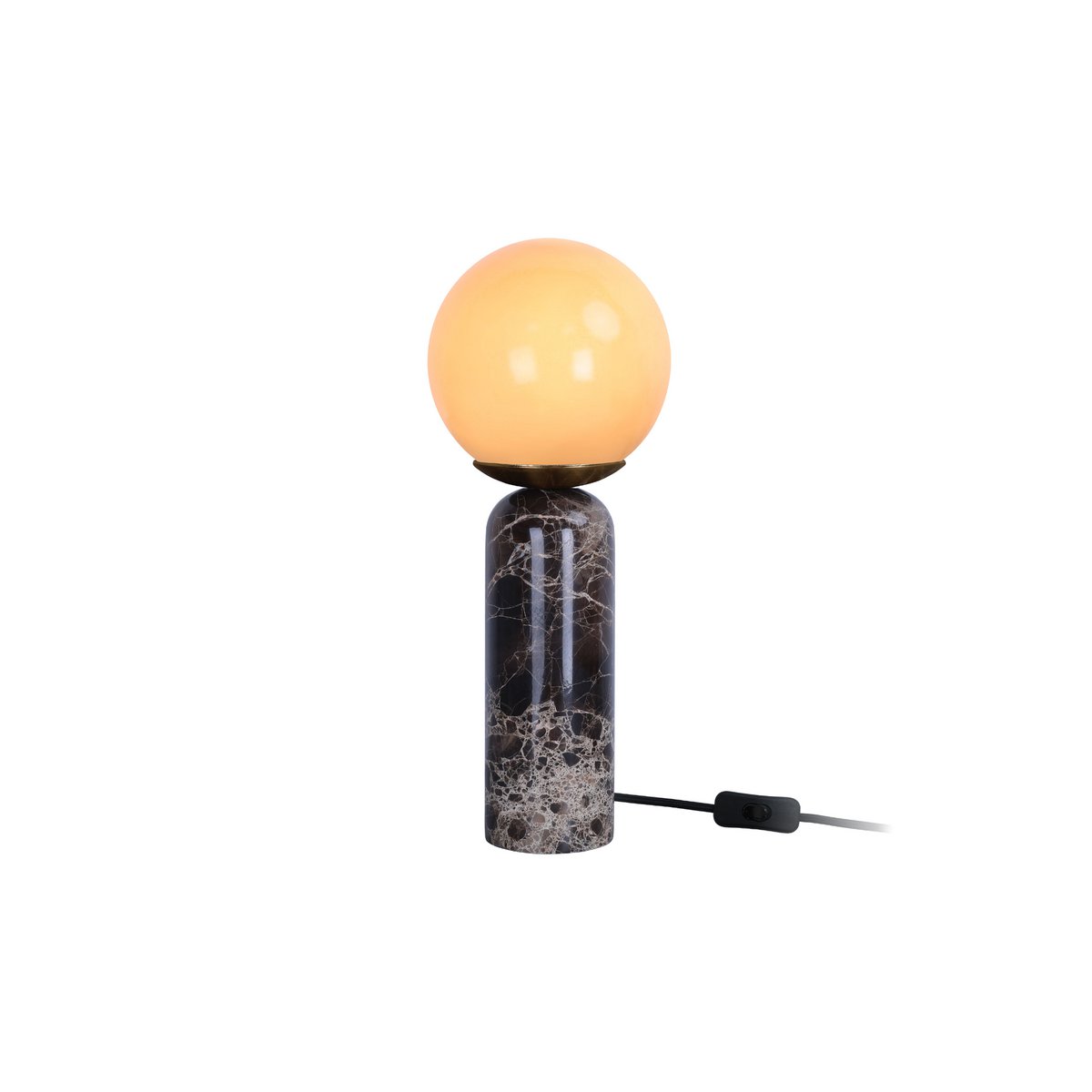 Lampe de table LAZIO Sphère allumée, globe lumineux sur pied en marbre foncé, avec câble et interrupteur noirs.