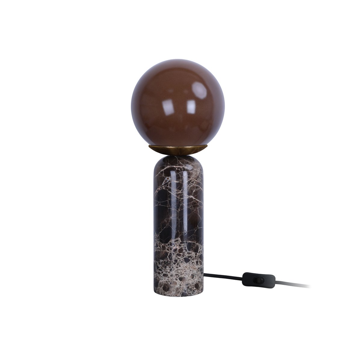 Lampe de table LAZIO Sphère éteinte, globe en verre marron sur socle cylindrique en marbre foncé veiné, hauteur 38 cm.