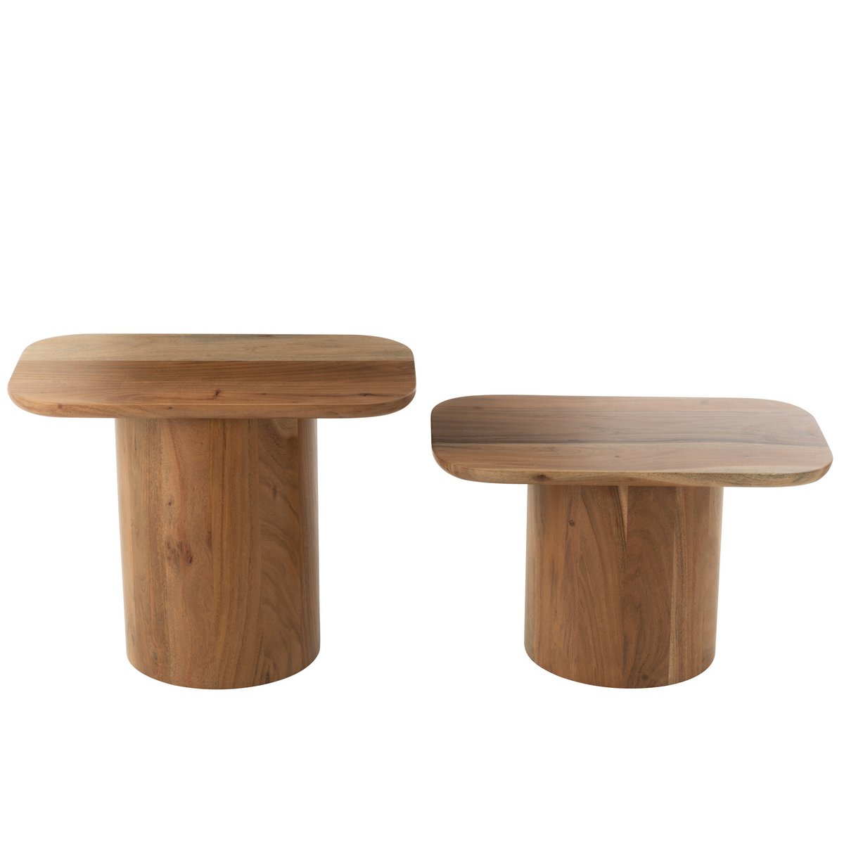 Duo de tables d'appoint en bois d'acacia massif aux formes organiques courbes.