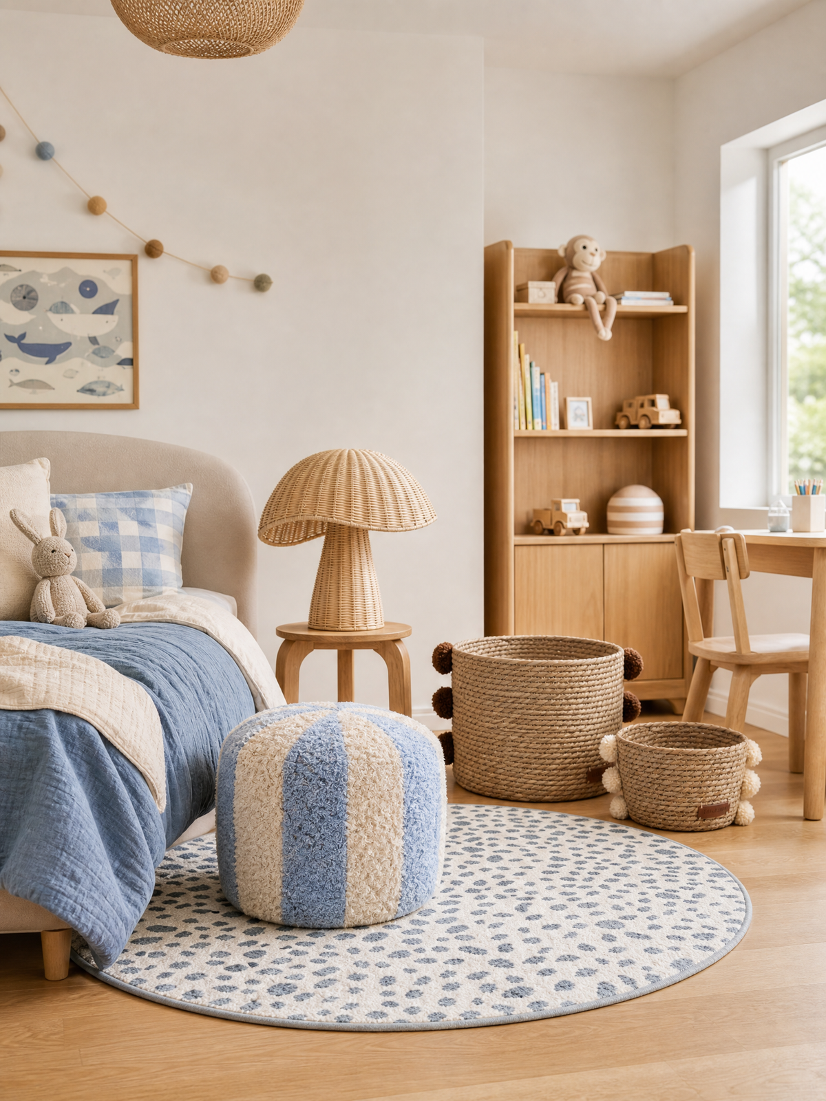 Pouf Enfant Circus bleu – Motif Cirque en Bois