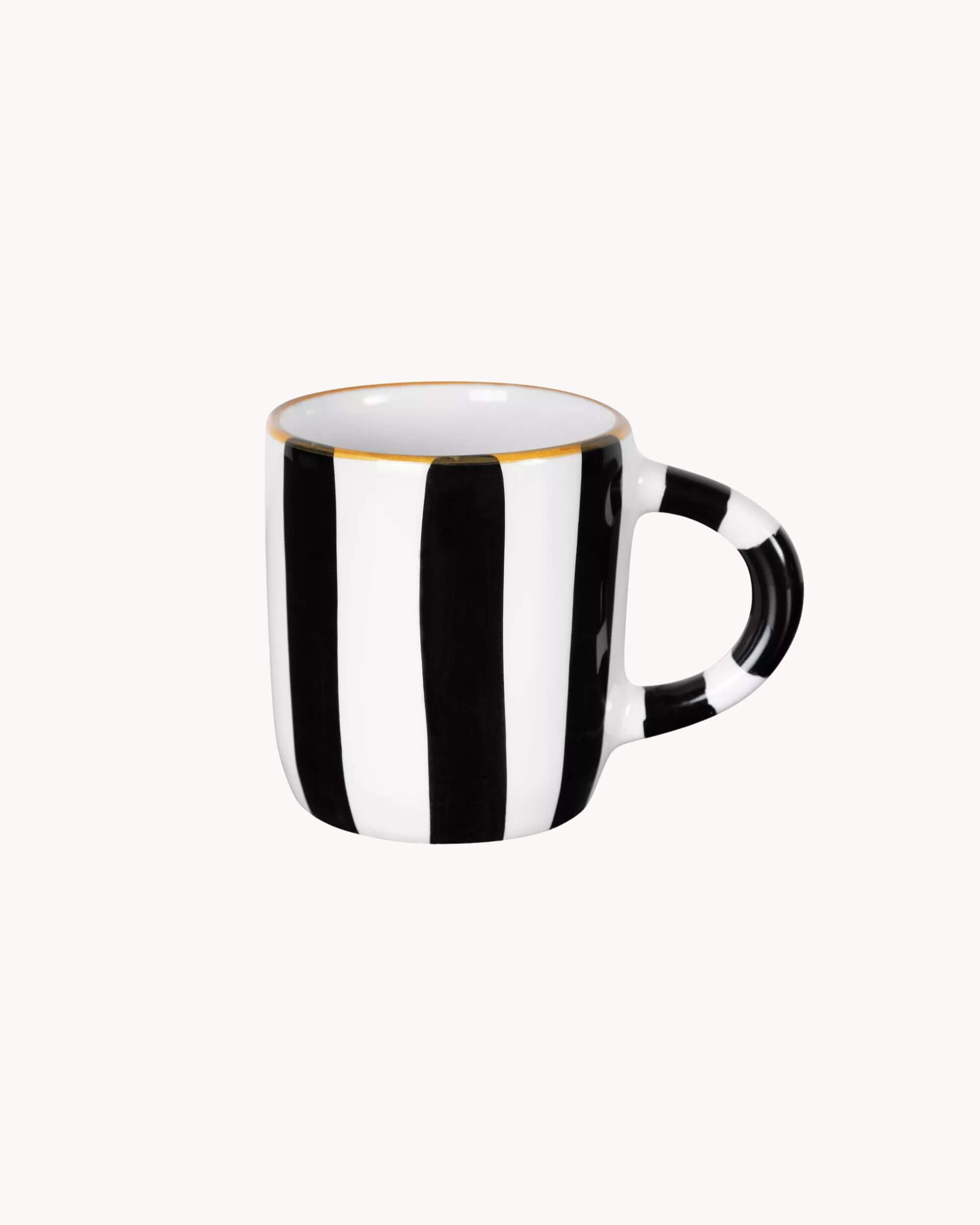 Mug artisanal MINERVA rayé noir et blanc avec liseré doré – céramique espagnole Blomstra Home