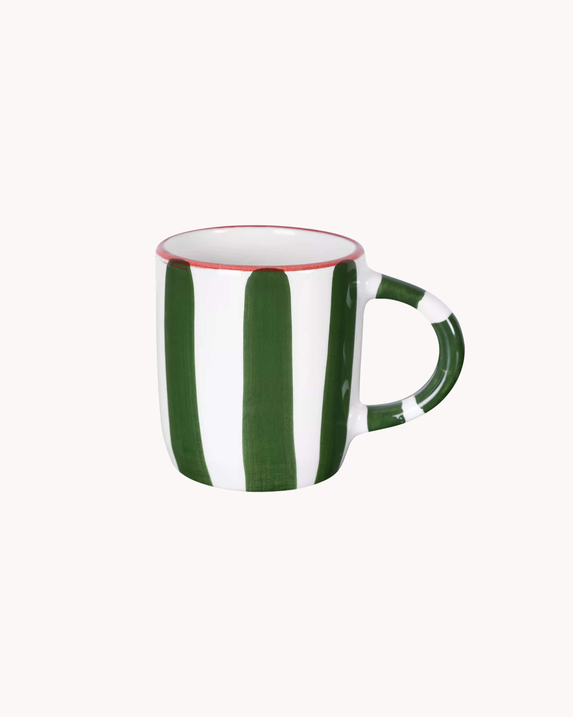 Mug artisanal MINERVA rayé vert et blanc avec liseré rouge – céramique espagnole Blomstra Home
