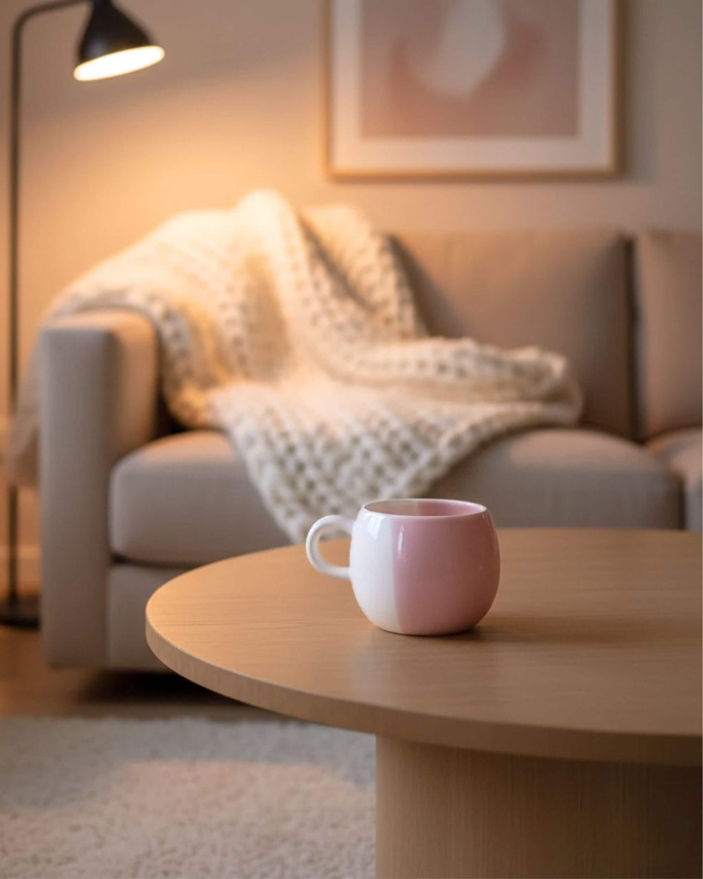 Mug SOUPIR rose et blanc en céramique, posé sur une table de salon, ambiance douce et cocooning.