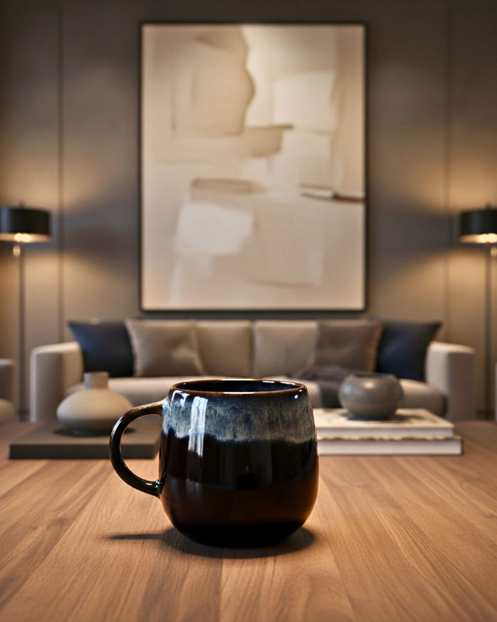 Mug artisanal UNIVERS en céramique bleu nuit, posé sur une table de salon, ambiance contemporaine.