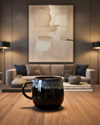 Mug artisanal UNIVERS en céramique bleu nuit, posé sur une table de salon, ambiance contemporaine.