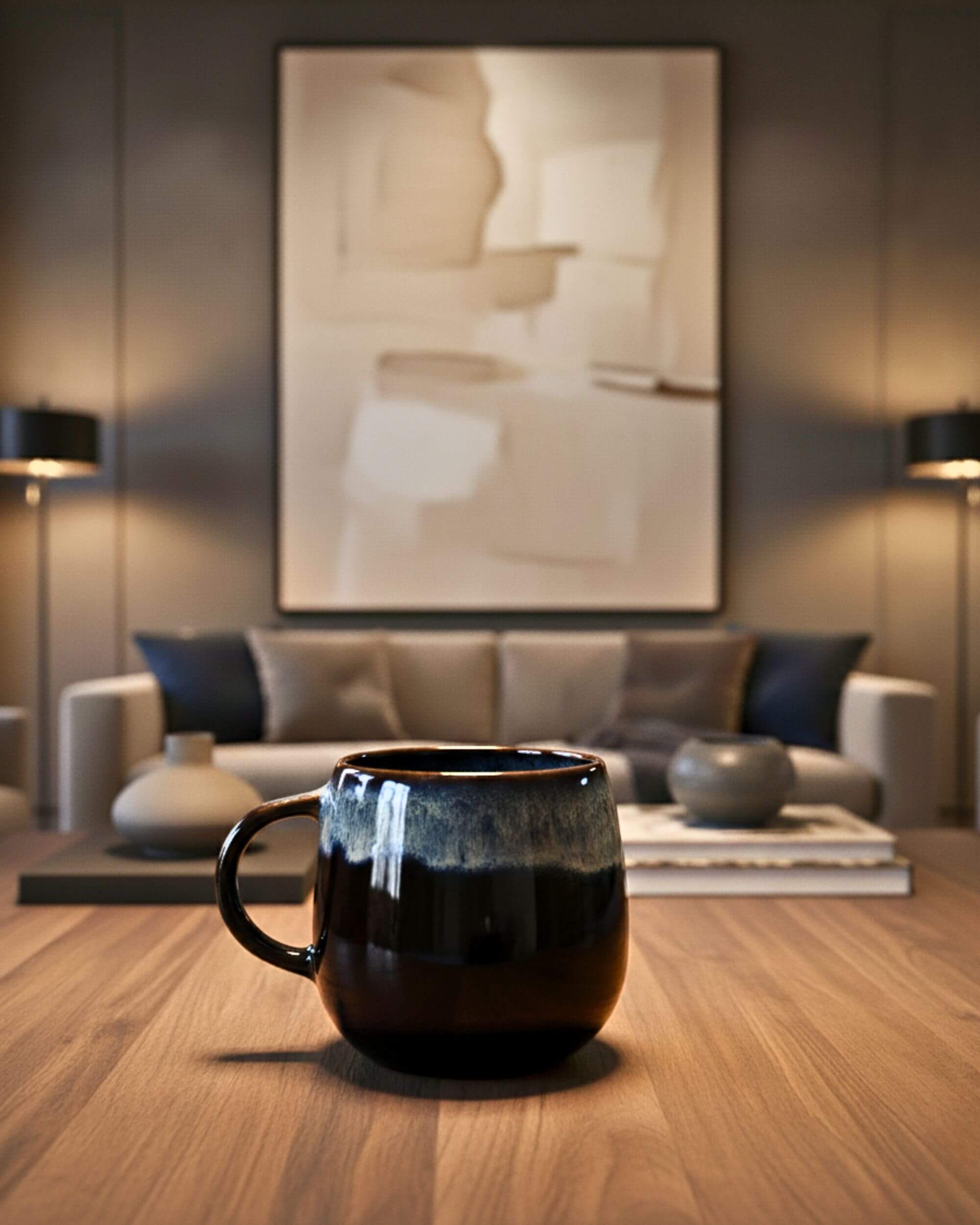 Mug artisanal UNIVERS en céramique bleu nuit, posé sur une table de salon, ambiance contemporaine.