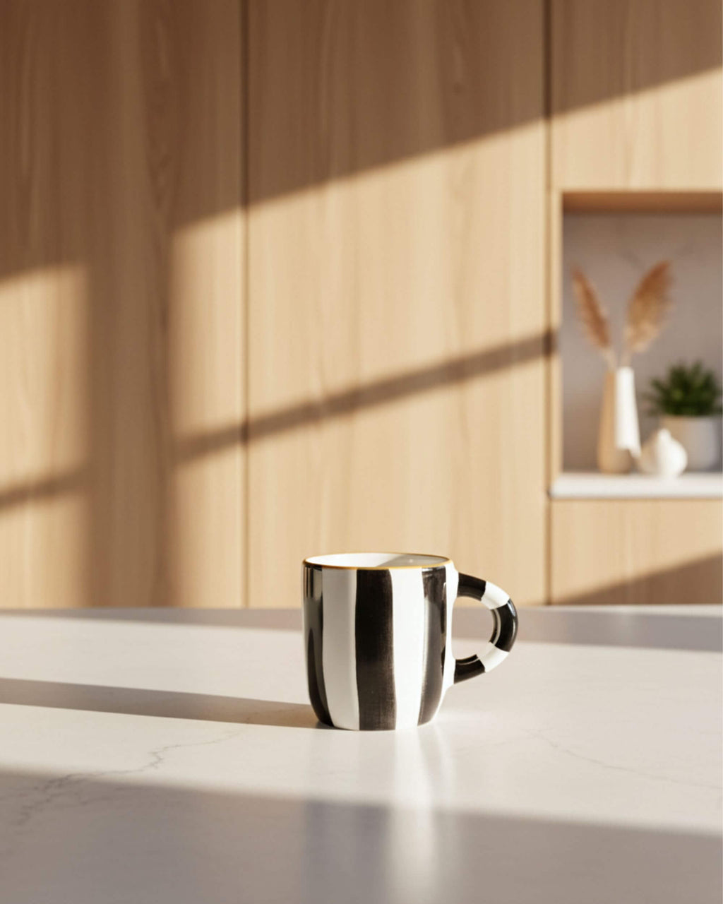 Mug MINERVA en céramique rayée noir et blanc, posé sur table lumineuse en bois – artisanat espagnol Blomstra Home