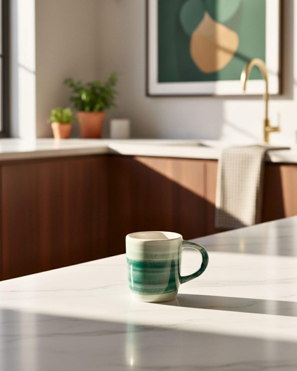 Mug artisanal MINERVA vert dégradé posé sur plan de travail de cuisine – artisanat espagnol