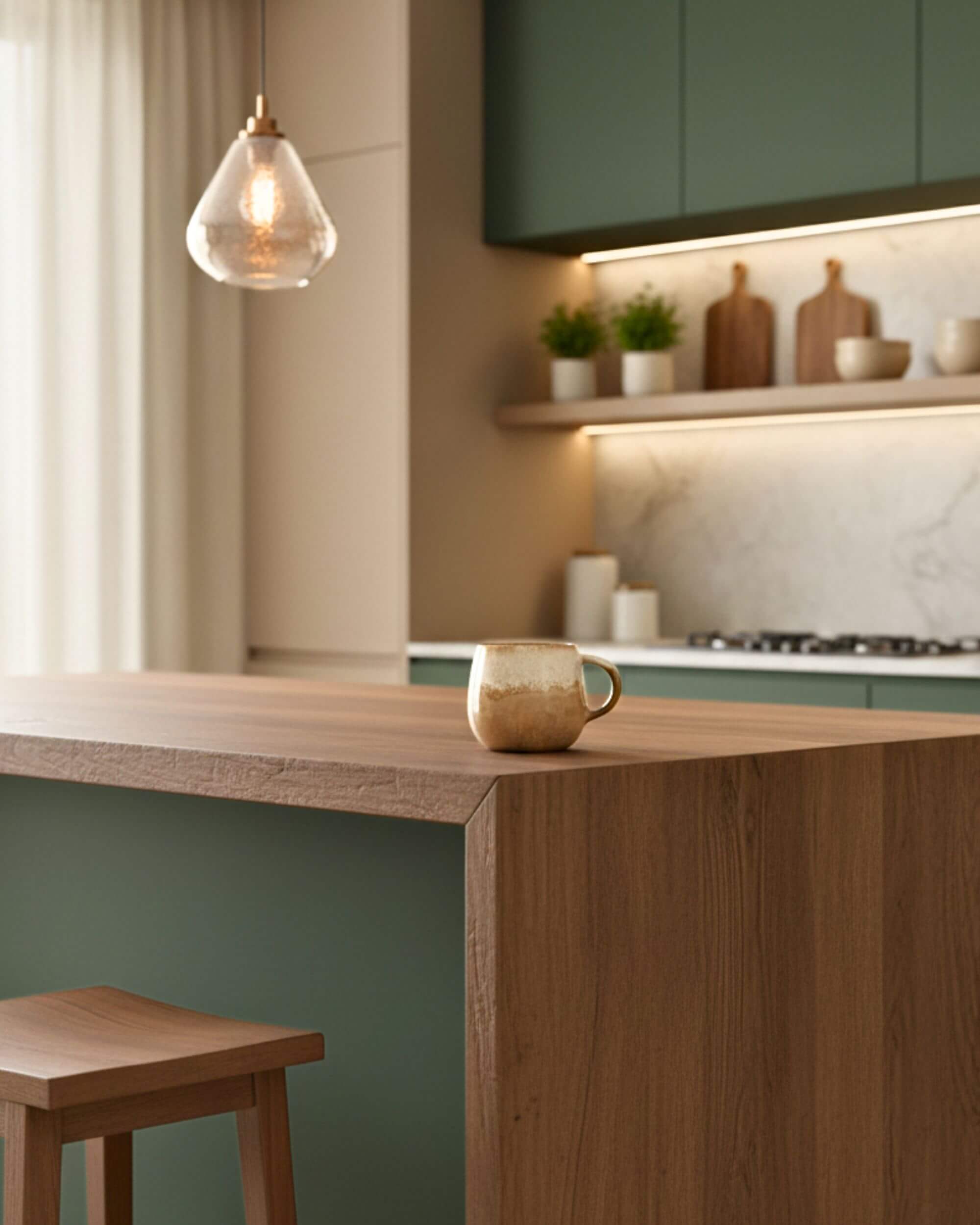 Mug artisanal DUNES beige et caramel, design doux et naturel dans une cuisine
