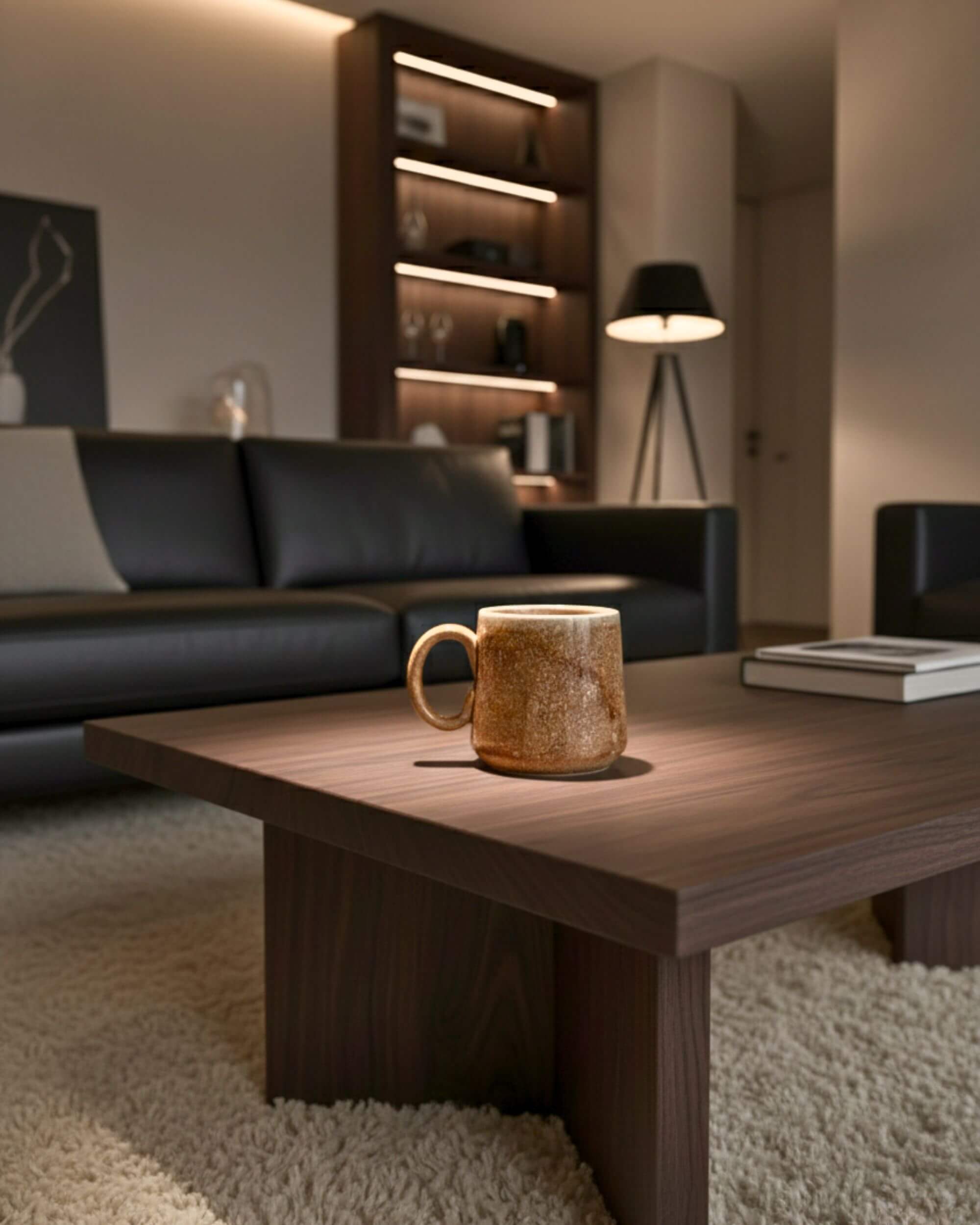 Mug KARAMELO fait main, céramique portugaise beige et caramel sur table en bois