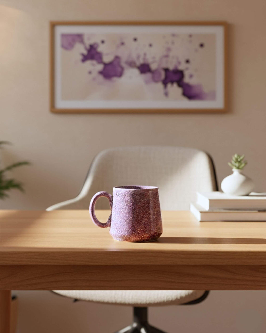 Mug LAVANDE artisanal posé sur une table en bois clair, ambiance douce