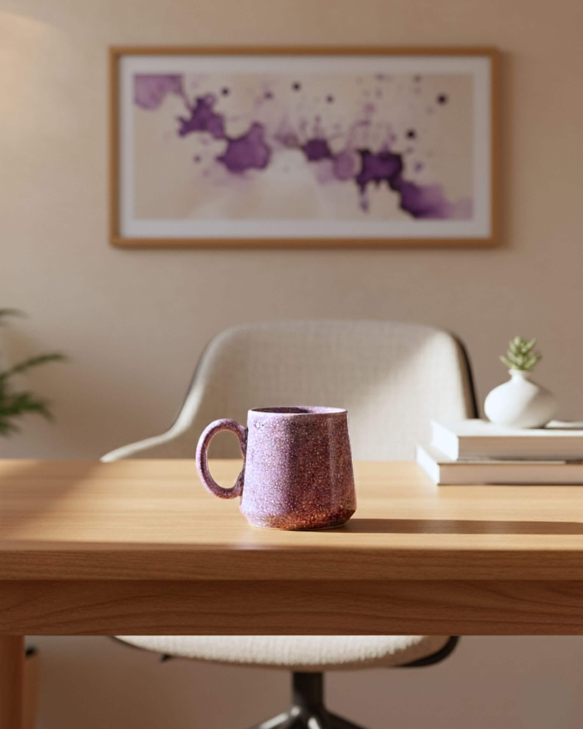 Mug LAVANDE artisanal posé sur une table en bois clair, ambiance douce