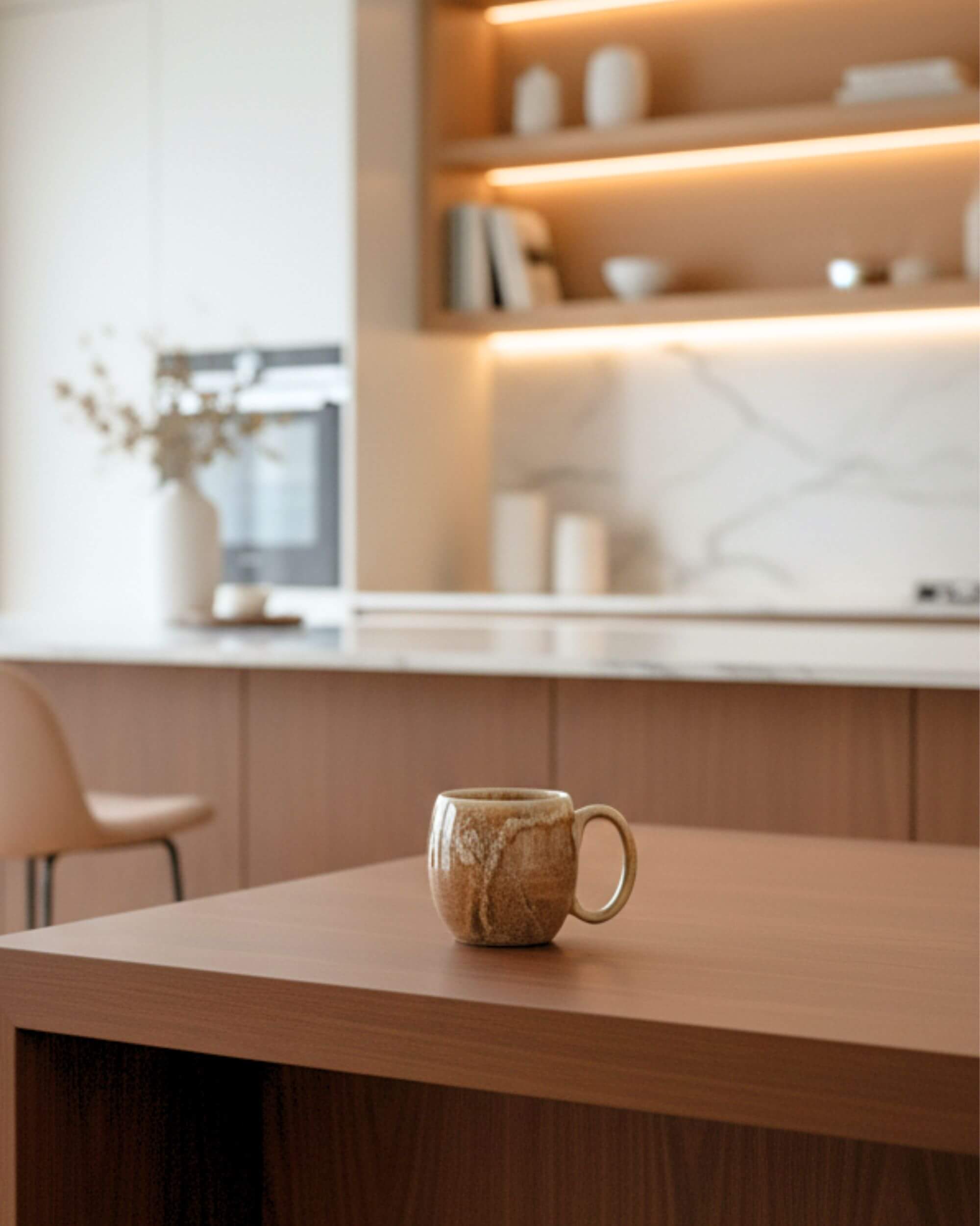 Mug MIEL en céramique artisanale sur table basse en bois dans un salon chaleureux