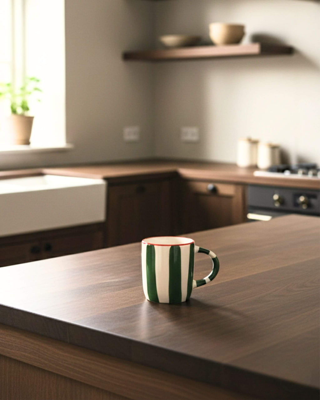 Mug artisanal MINERVA rayé vert sur plan de travail en bois – inspiration méditerranéenne Blomstra Home
