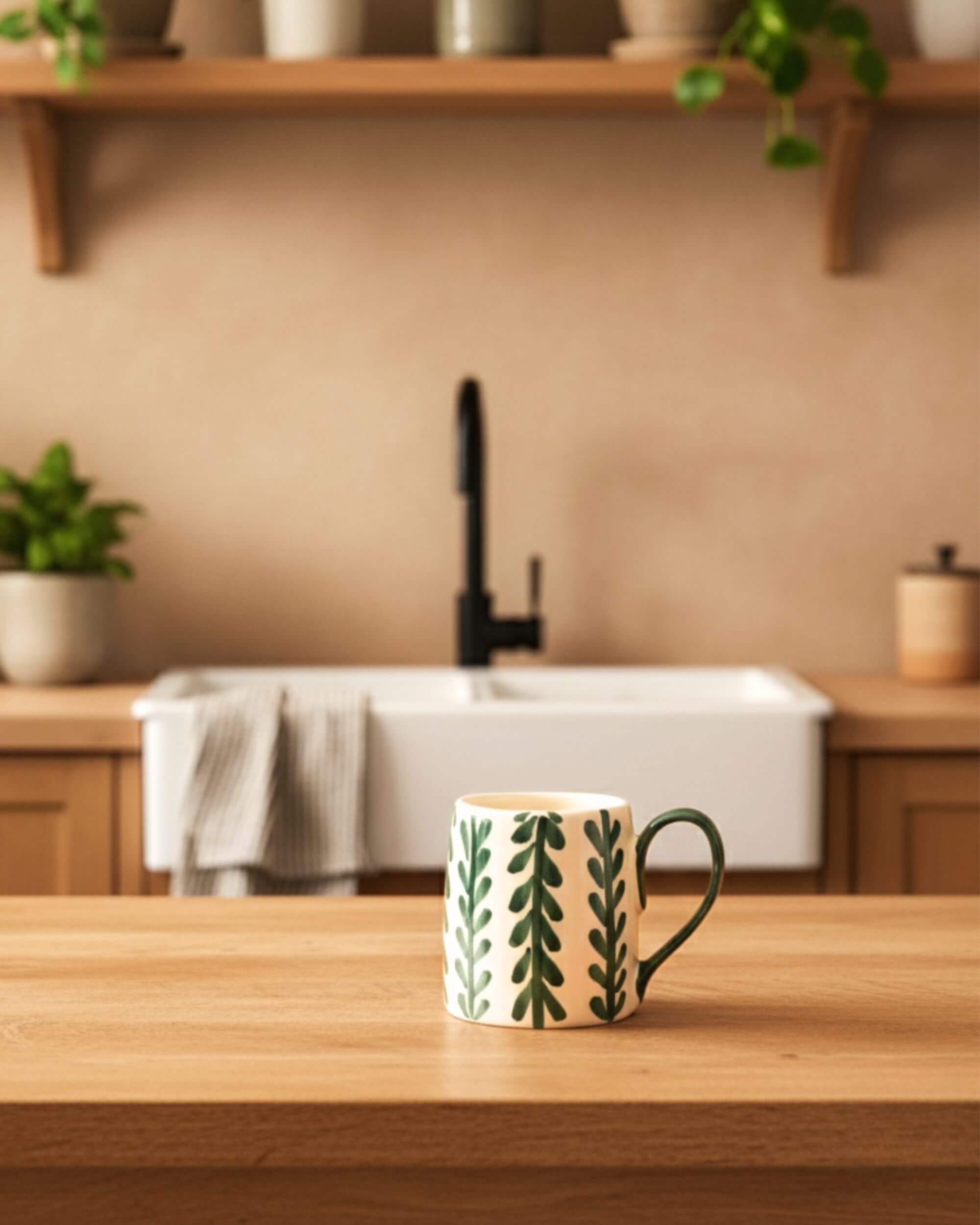 Mug PAULA en céramique blanche et verte, fait main à Manises, posé sur un plan de travail en bois
