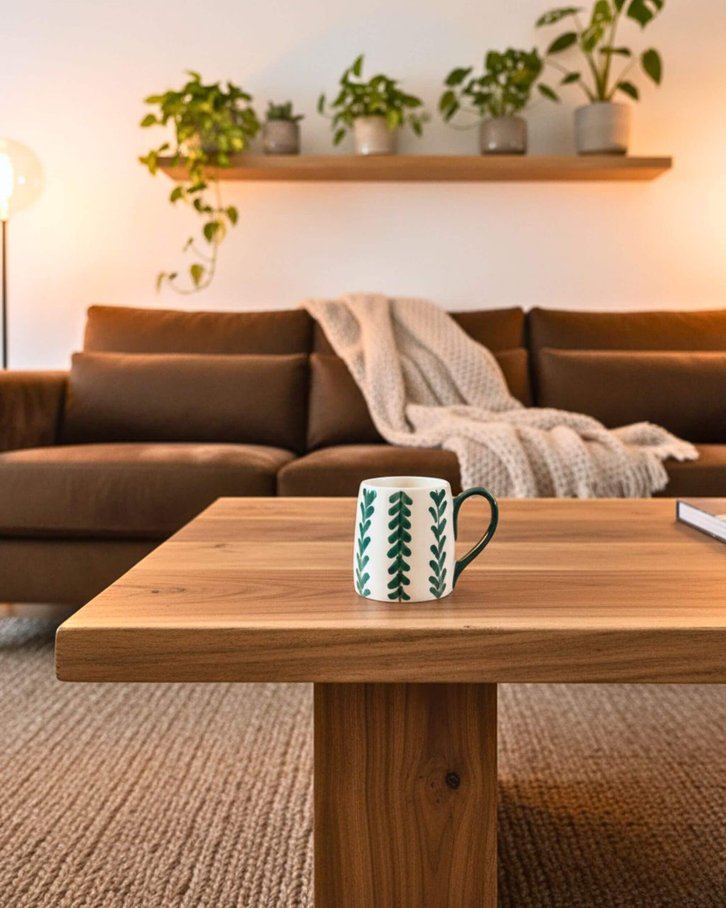 Mug PAULA artisanal à motif végétal vert posé sur table en bois clair dans un salon chaleureux
